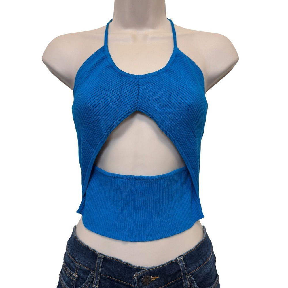 Garage Womens Halter Top L Blue Cutout Ribbed Knit Stretch Festival Y2K Retro